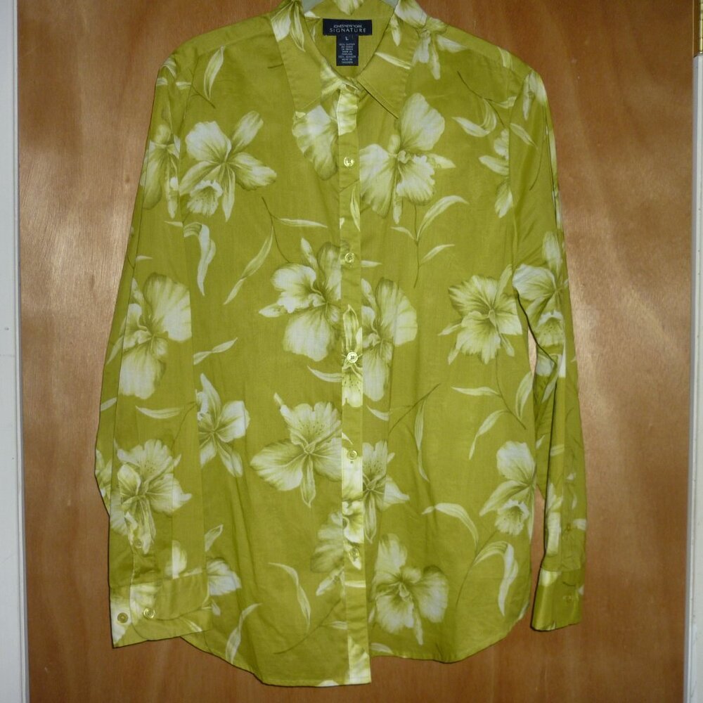 Jones New York SIGNATURE Blouse Large 100% Cotton Floral Green White Long Sleeve
